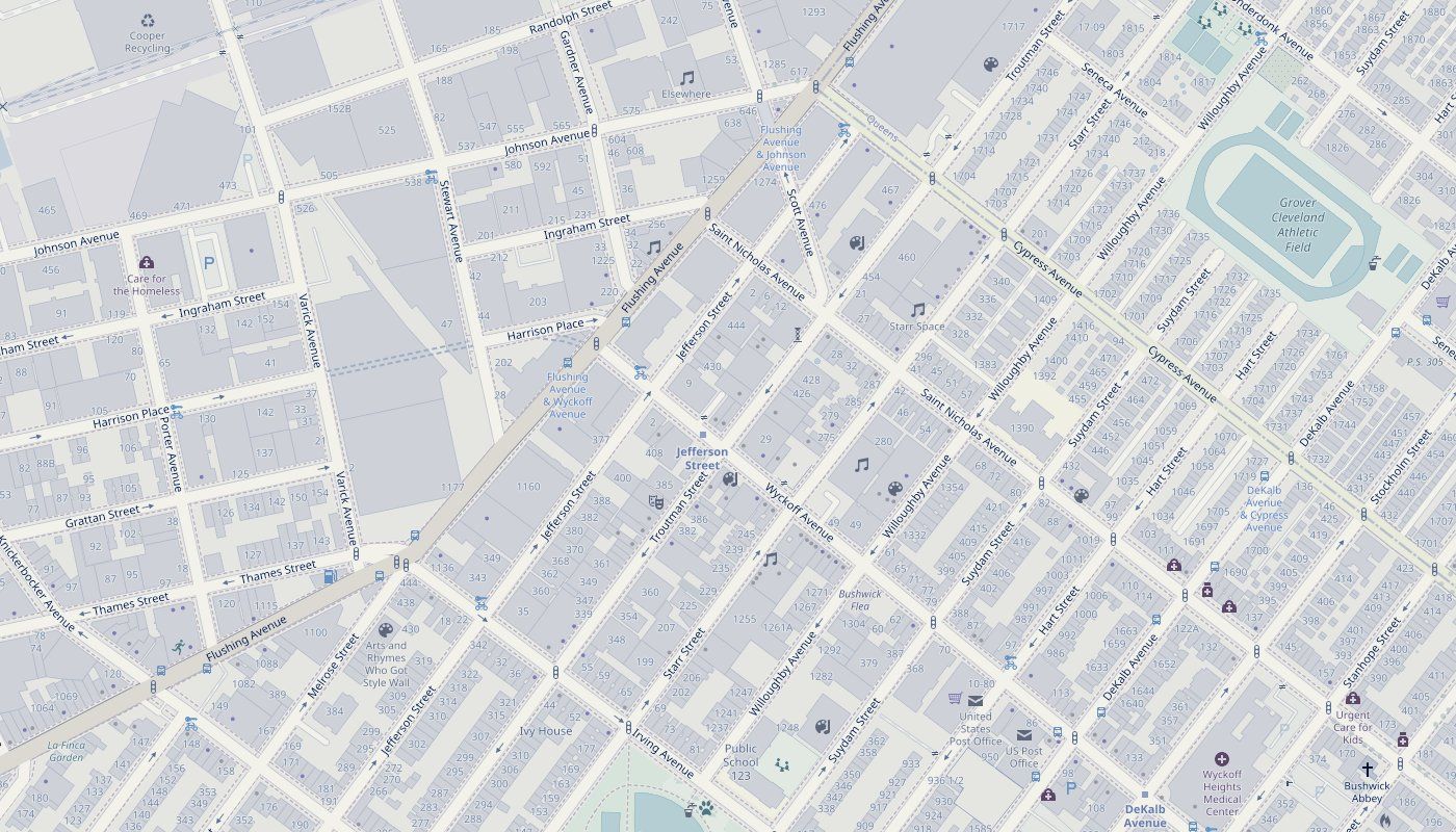 Street map of Bushwick with Sea Wolf marked at 19 Wyckoff Avenue, next to the Jefferson St L station